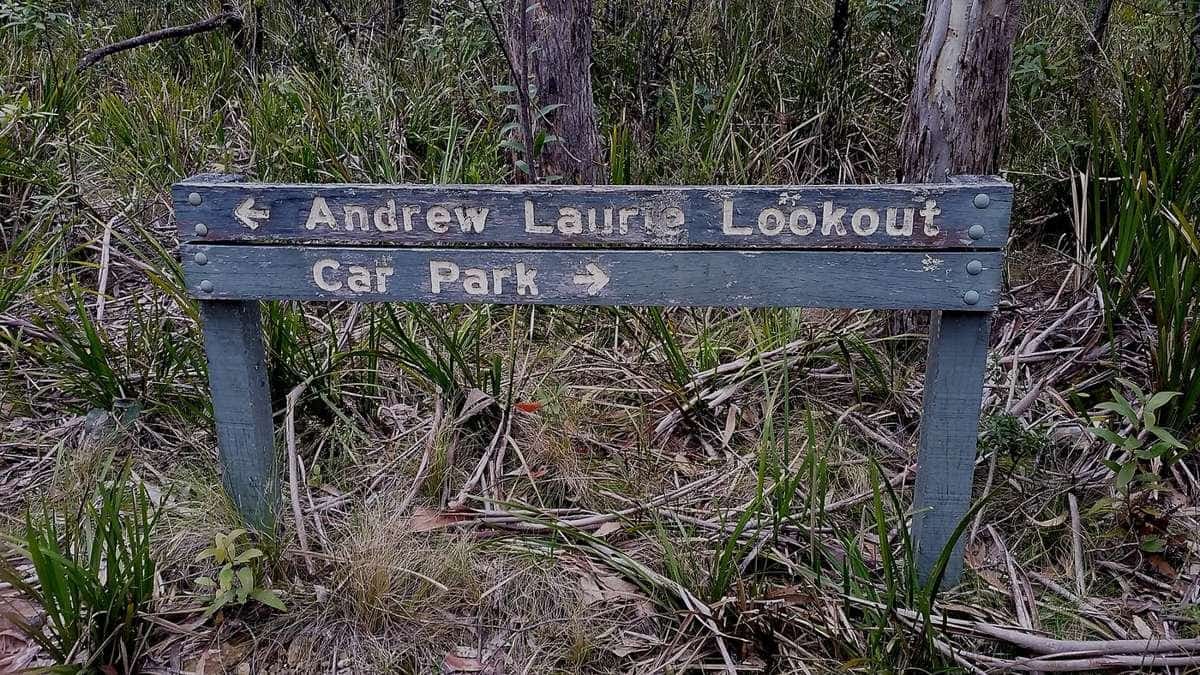 A timber walking track sign pointing to a lookout and car park in the bush